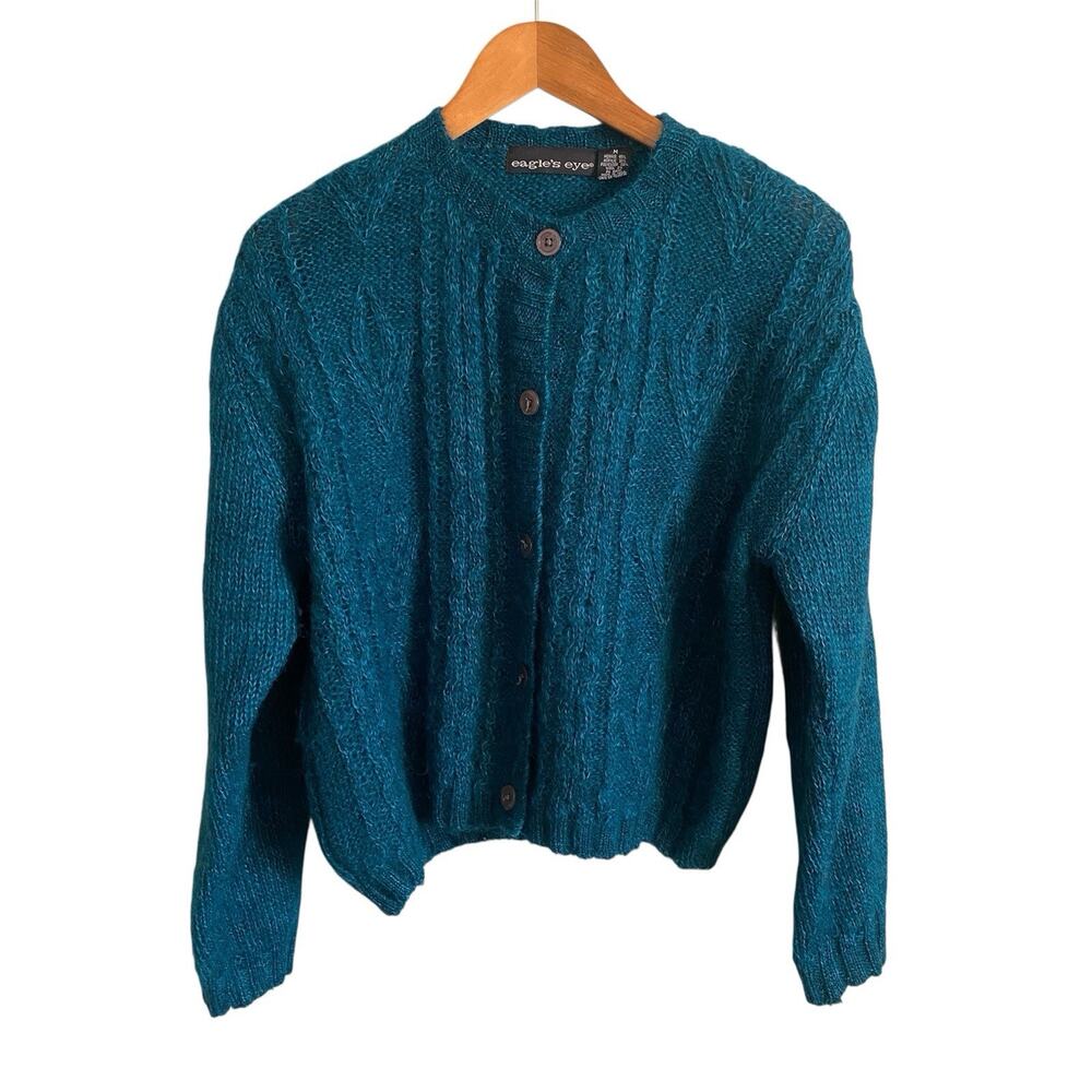 Vtg Eagles Eye Mohair Blend Sweater Cardigan Medium Grannycore Fuzzy Hairy Knit